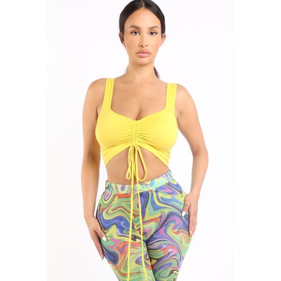 Women's Sexy Ruched Front Top & Matching Printed Fishnet Leggings 2 Pieces Set - Picture 2 of 6